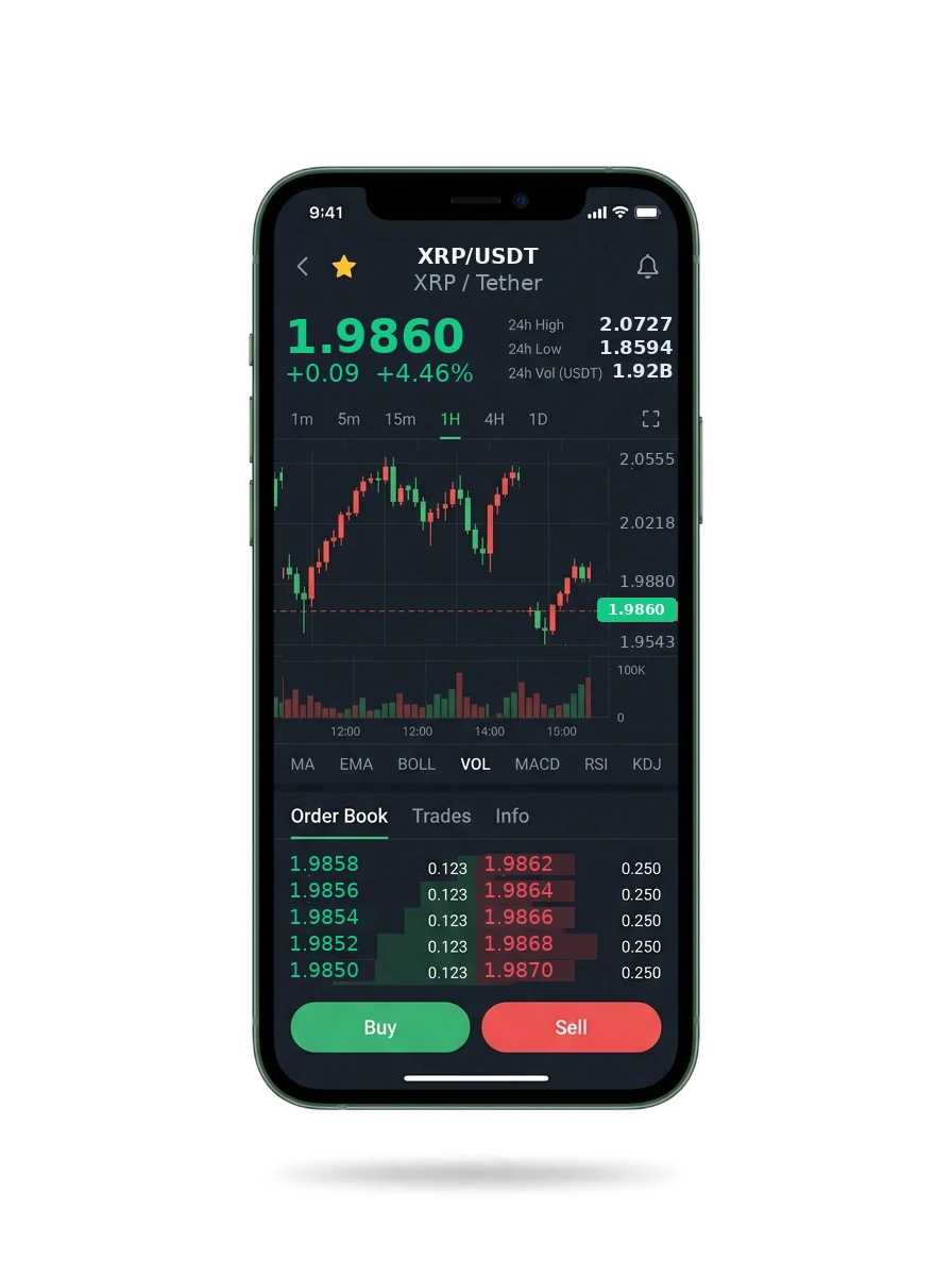 Pulsar Vexline — BTC/USDT live candlestick chart, order book and one-tap Buy/Sell on mobile